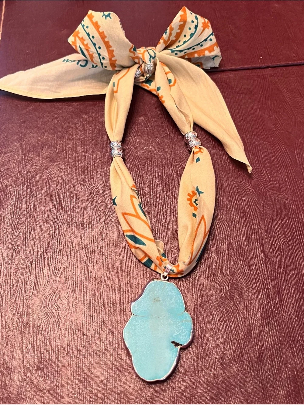 Handmade Turquoise Pendant Prairie Style Bandana, Wild Rag Length, Nostalgic